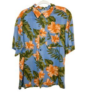 Panama Jack Mens XL Hawaiian Shirt Blue Orange Green Floral Rayon Aloha